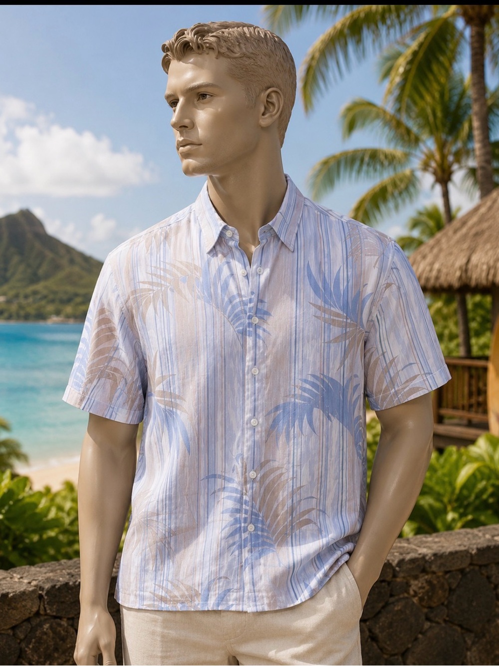 Cubavera Size XXL Men’s 100% Linen White Blue Tan Tropical Theme Shirt